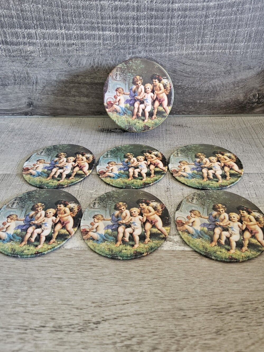 Cherub Angels Litho Tin Can Container Red Banded Metal Side & 6 Coasters G3a
